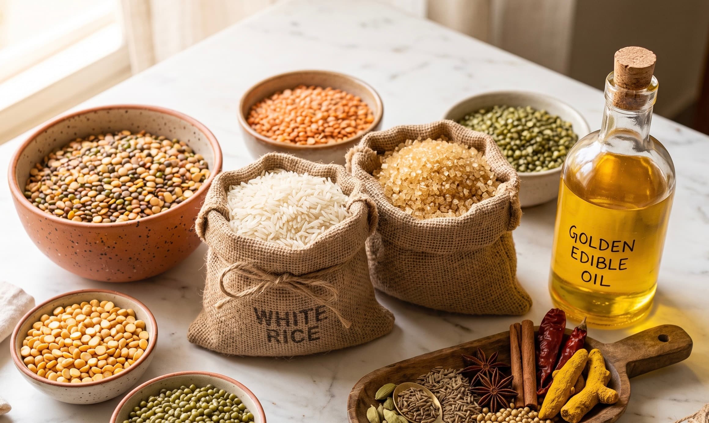 Rice, spices, pulses, edible oils and whole spices laid out for food commodity sourcing