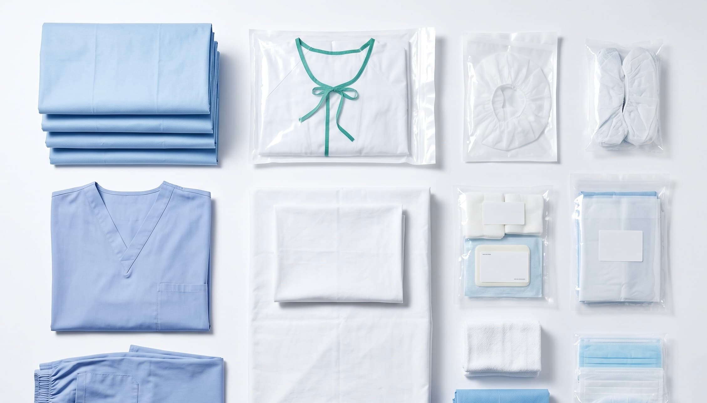 Medical scrubs, surgical drapes and hospital textiles neatly stacked for healthcare sourcing