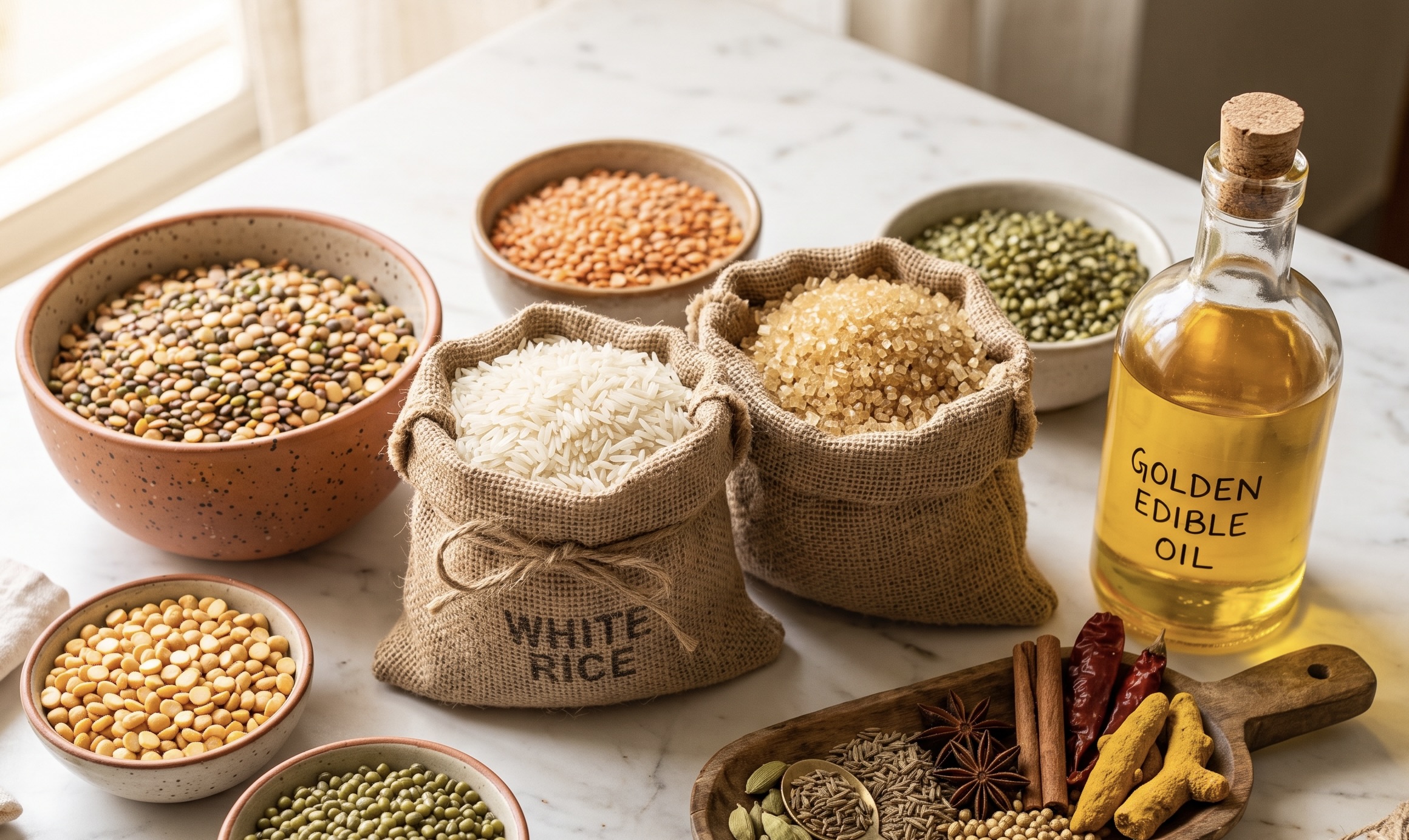 Rice, spices, pulses, edible oils and whole spices laid out for food commodity sourcing