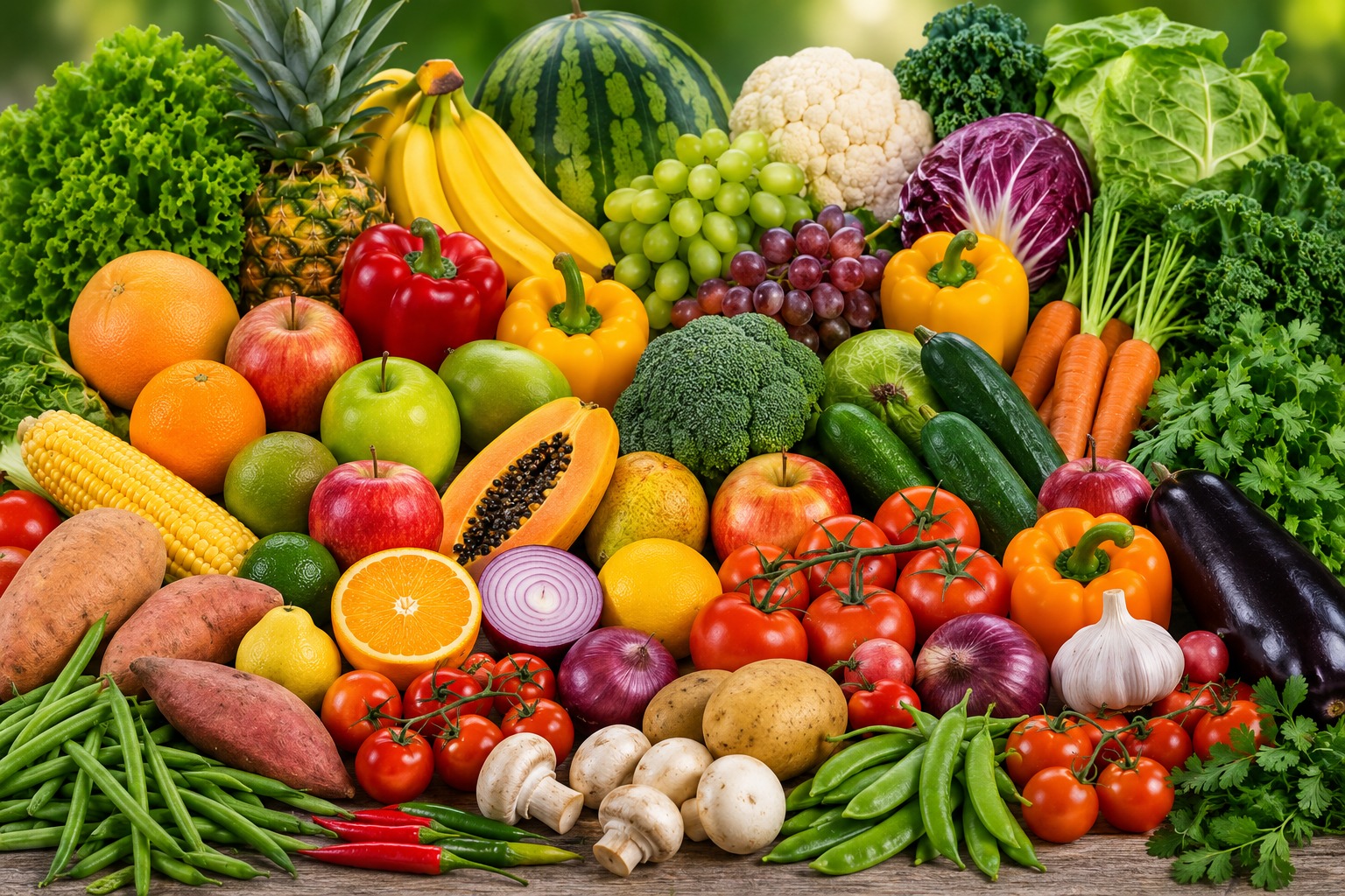 Crates of fresh fruits, vegetables and organic produce including peppers, tomatoes, carrots and greens